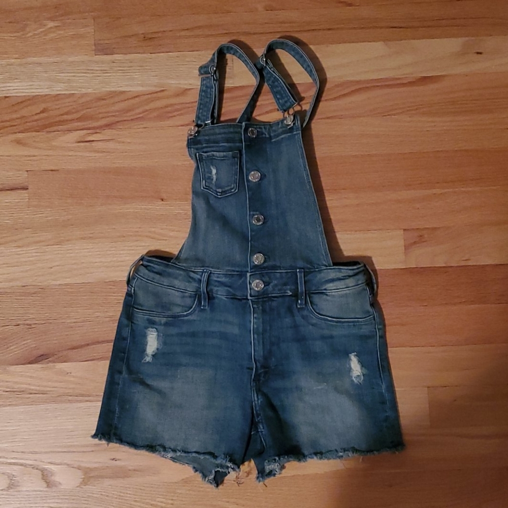 Distressed denim overall shorts